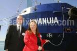 ID 5825 AWANUIA (2009/2747gt/IMO 9458042) - Jens Madsen, MD of Ports of Auckland, accompanies the tankers Godmother, Moana Tamaariki-Pohe of Ngati Whatua o Orakei, as she prepares to launch the champagne...
